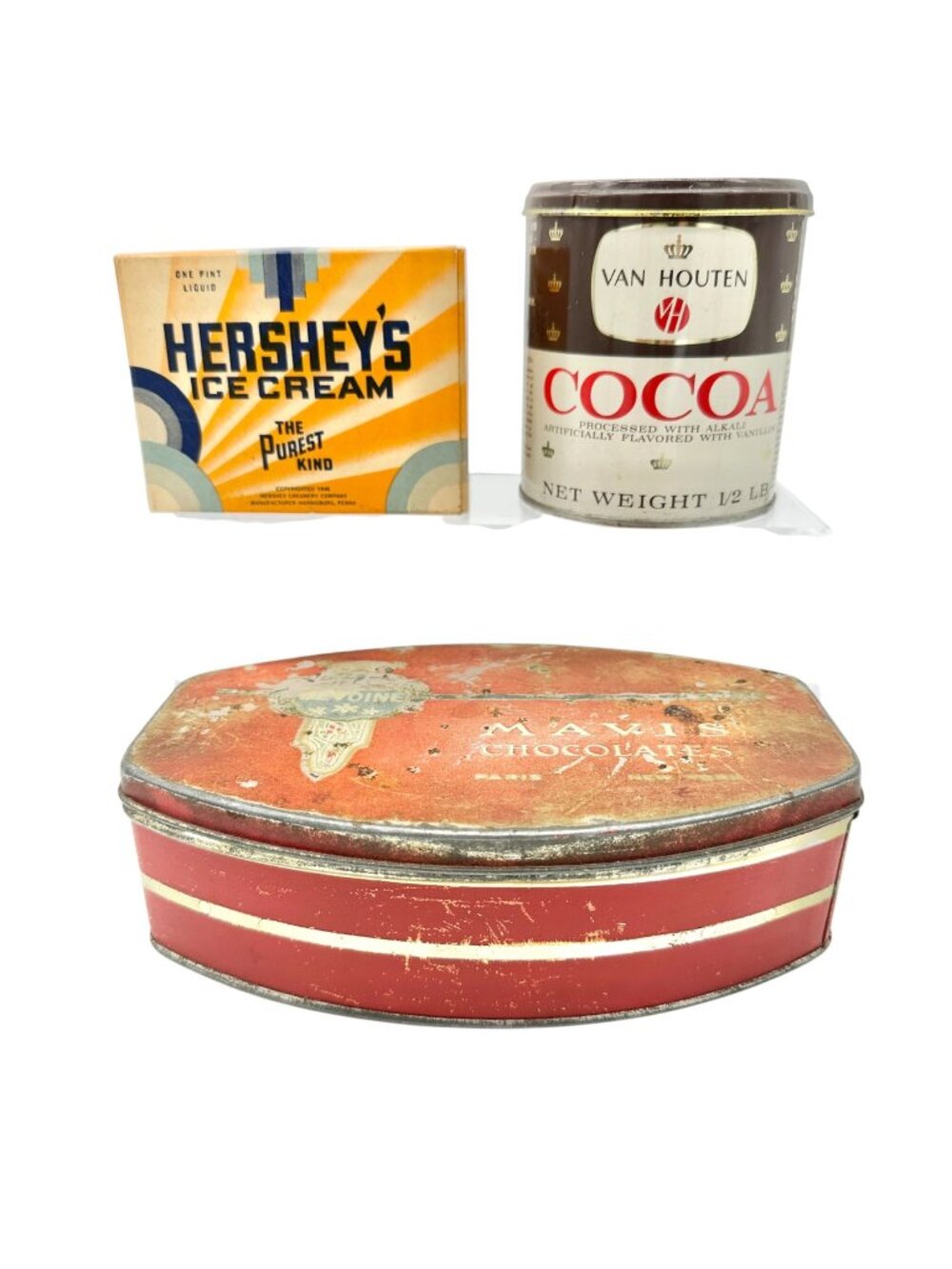 Vintage Devoine Mavis Chocolate Tin Hersheys Ice Cream Box Van Houten Cocoa Can
